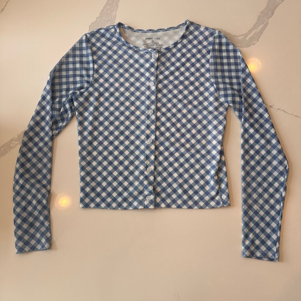 Sweet Lilac Blue Gingham Mesh Button Down Long Sleeve Cropped Top XL